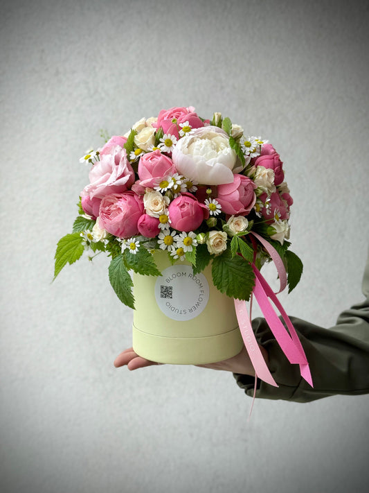 BloomBox with seasonal peonies and garden roses.