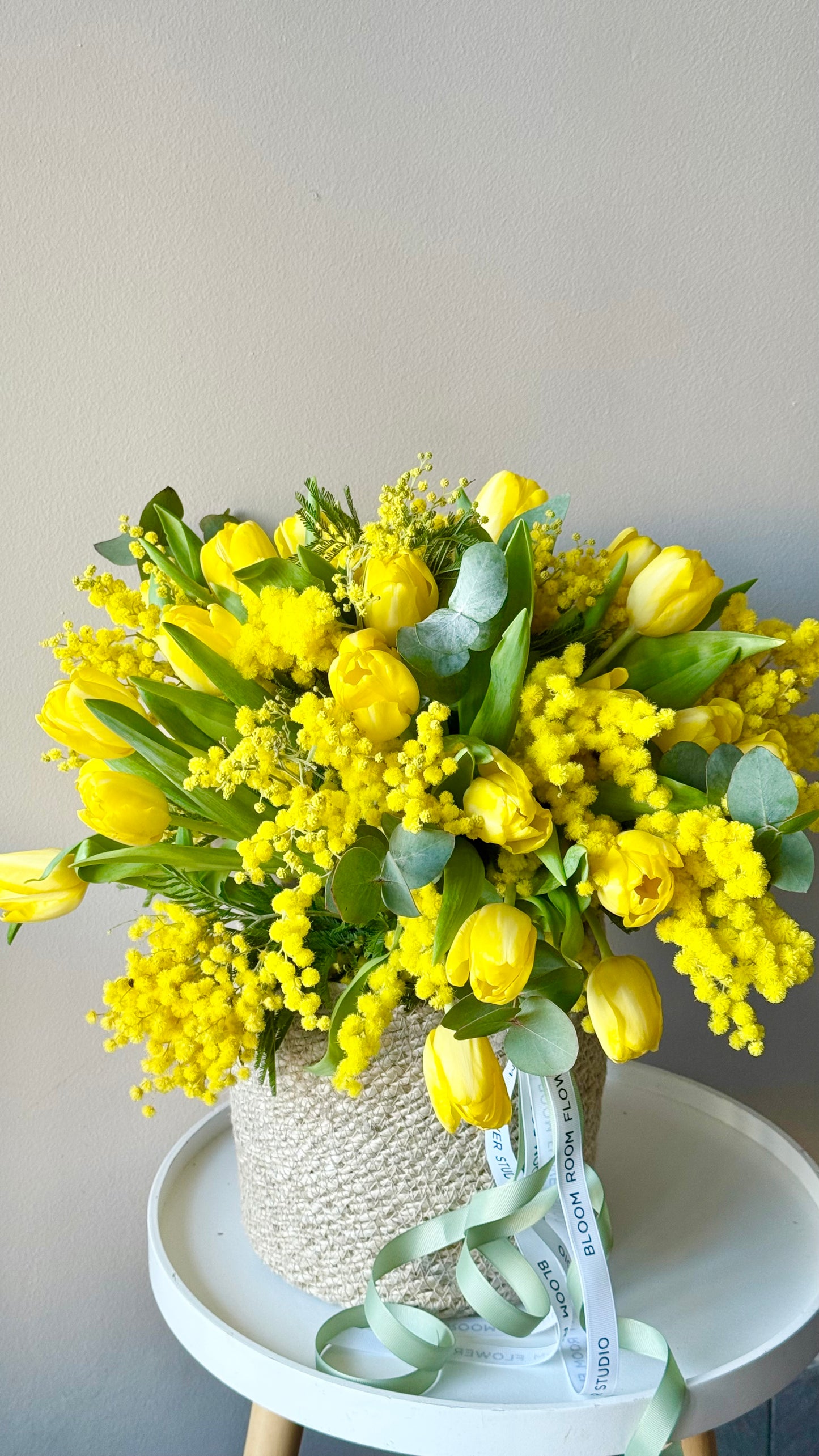 Flower Basket with yellow tulips and mimosas