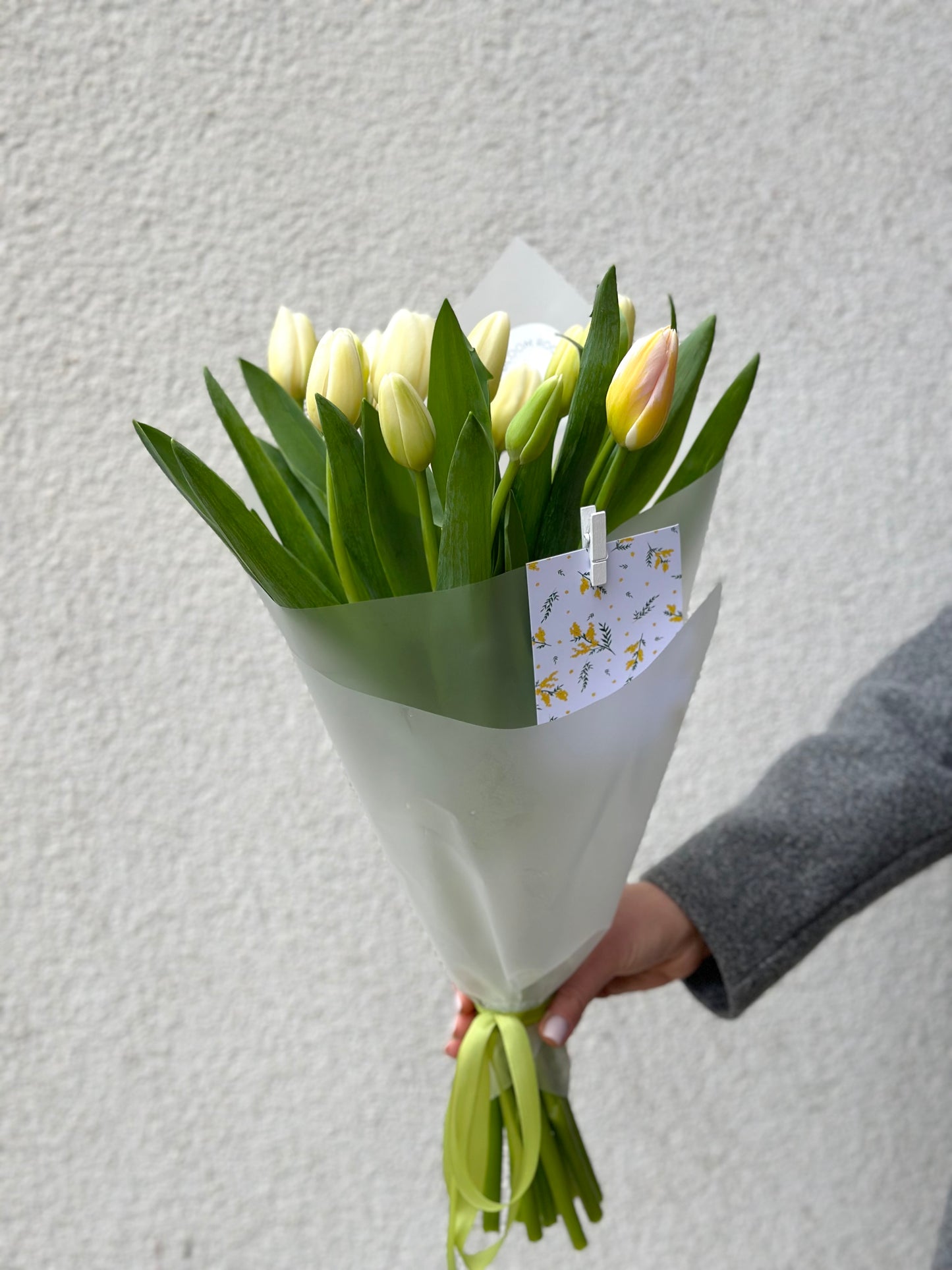Valged tulpide kimp Mimosas kaardiga | Букет белых тюльпанов с открыткой Мимозы | Bouquet of white tulips with Mimosa card