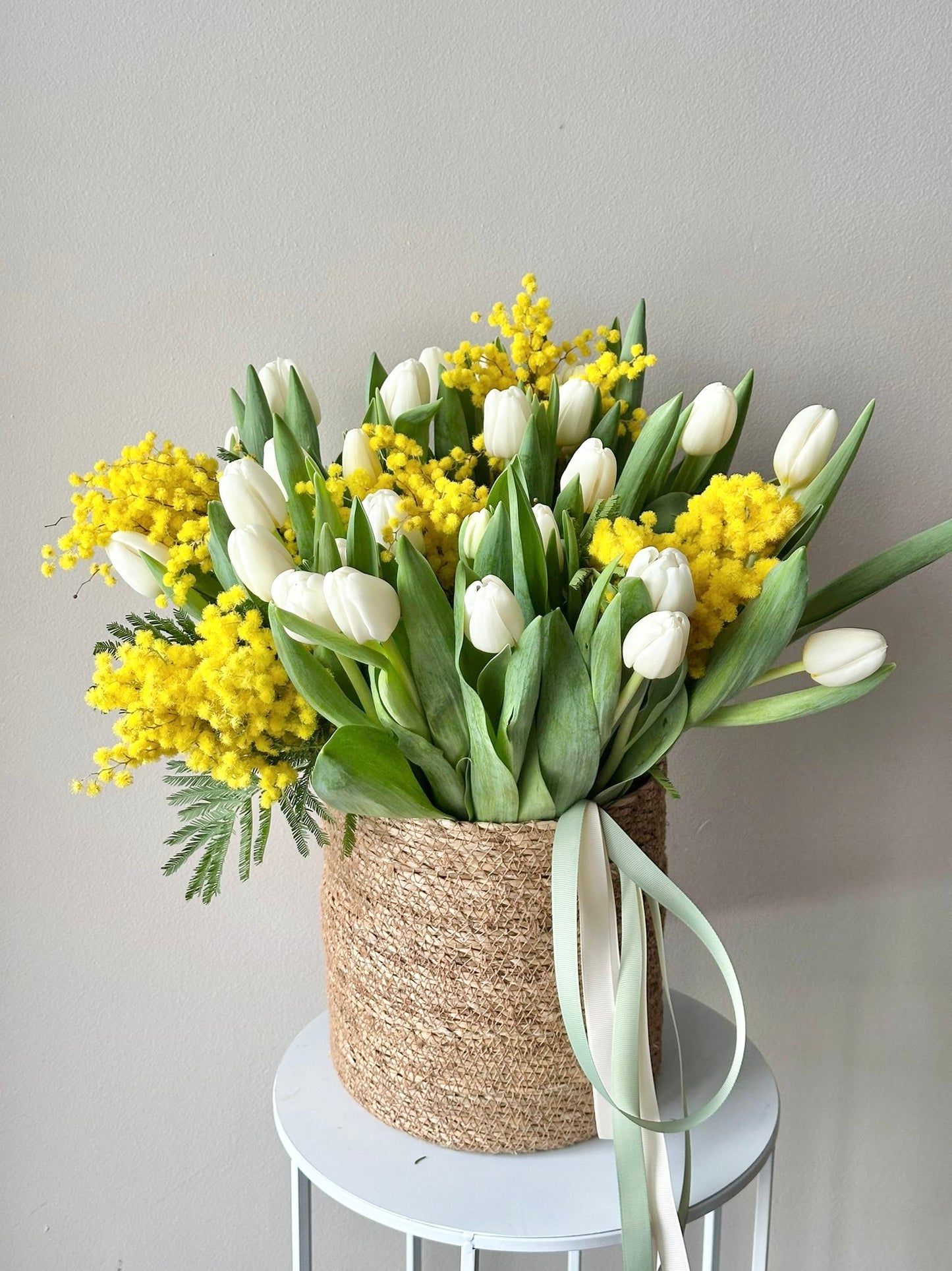 Flower Basket with white Tulips with Mimosas.