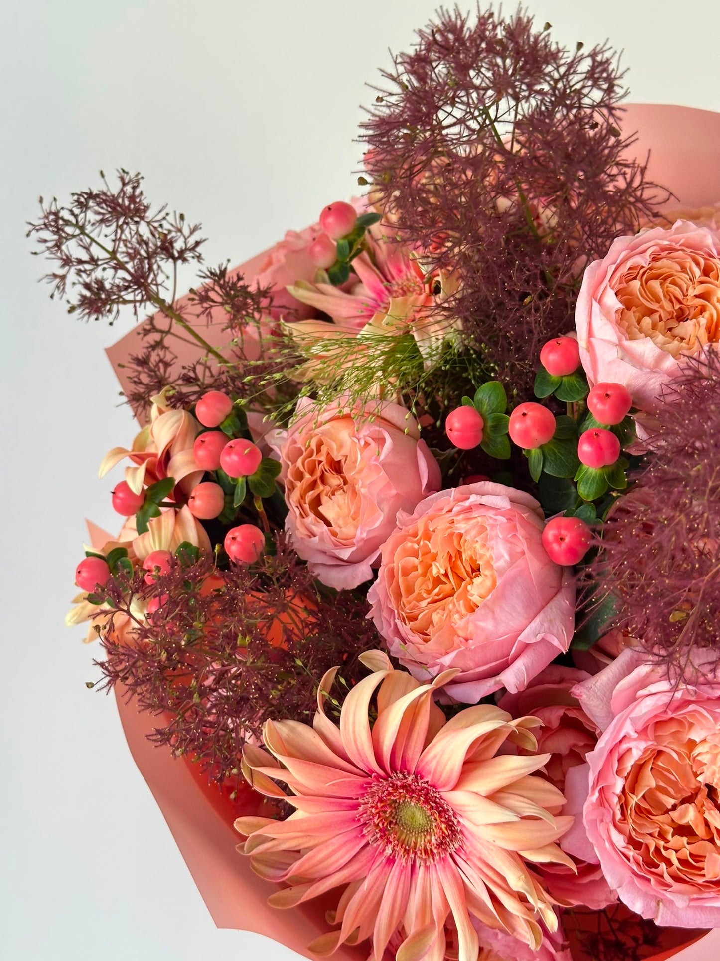 "Peach Bloom” with Julietta" spray garden roses