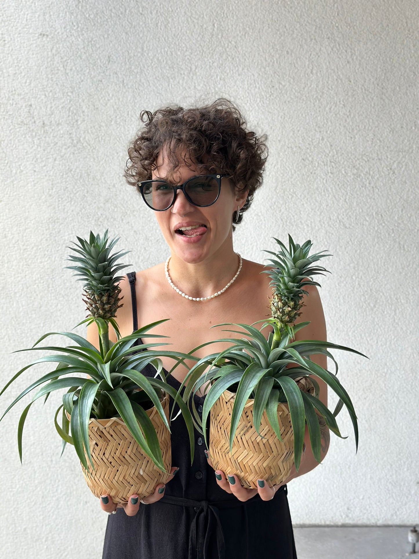 An attractive woman holds two pineapple plants in woven baskets | Привлекательная женщина держит два ананасовых растения в плетеных корзинах | An attractive woman holds two pineapple plants in woven baskets