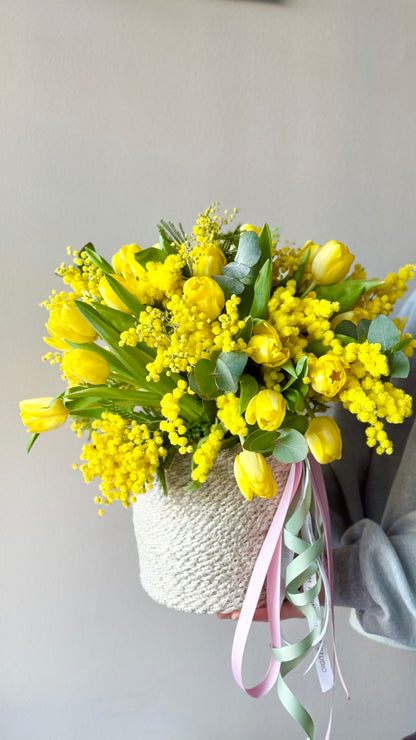 Flower Basket with yellow tulips and mimosas