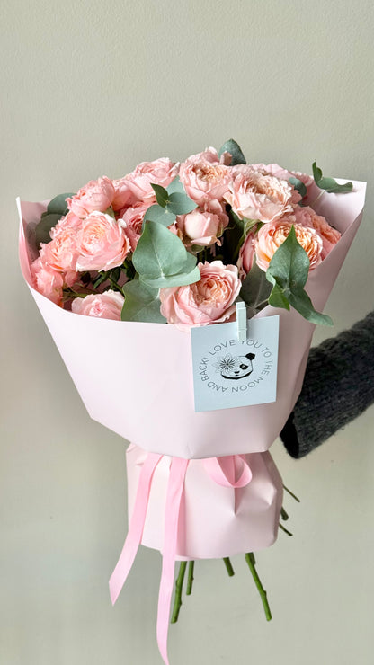 "Julietta" spray garden roses with eucalyptus