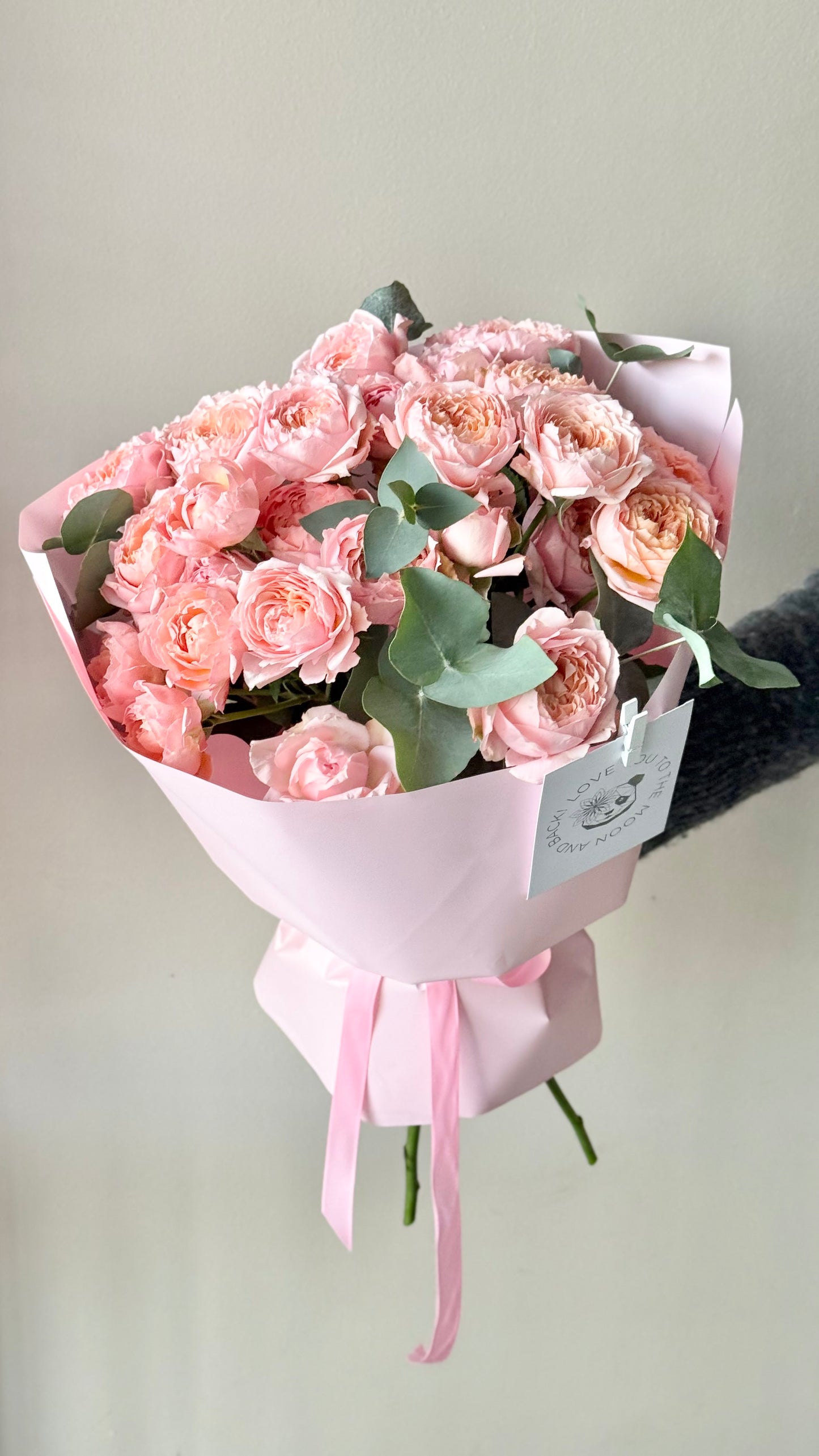 "Julietta" spray garden roses with eucalyptus