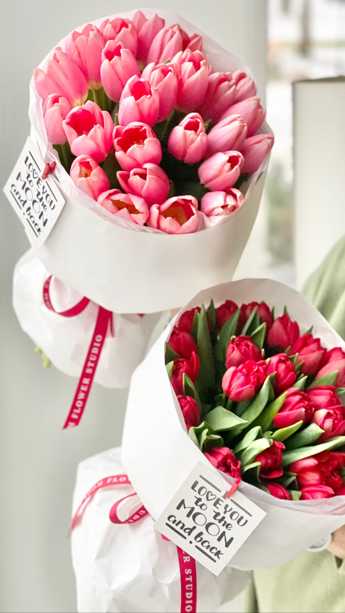 Roosa tulbi kimp ühes valges pakendis | Букет розовых тюльпанов в белой упаковке | Bouquet of pink tulips wrapped in white paper