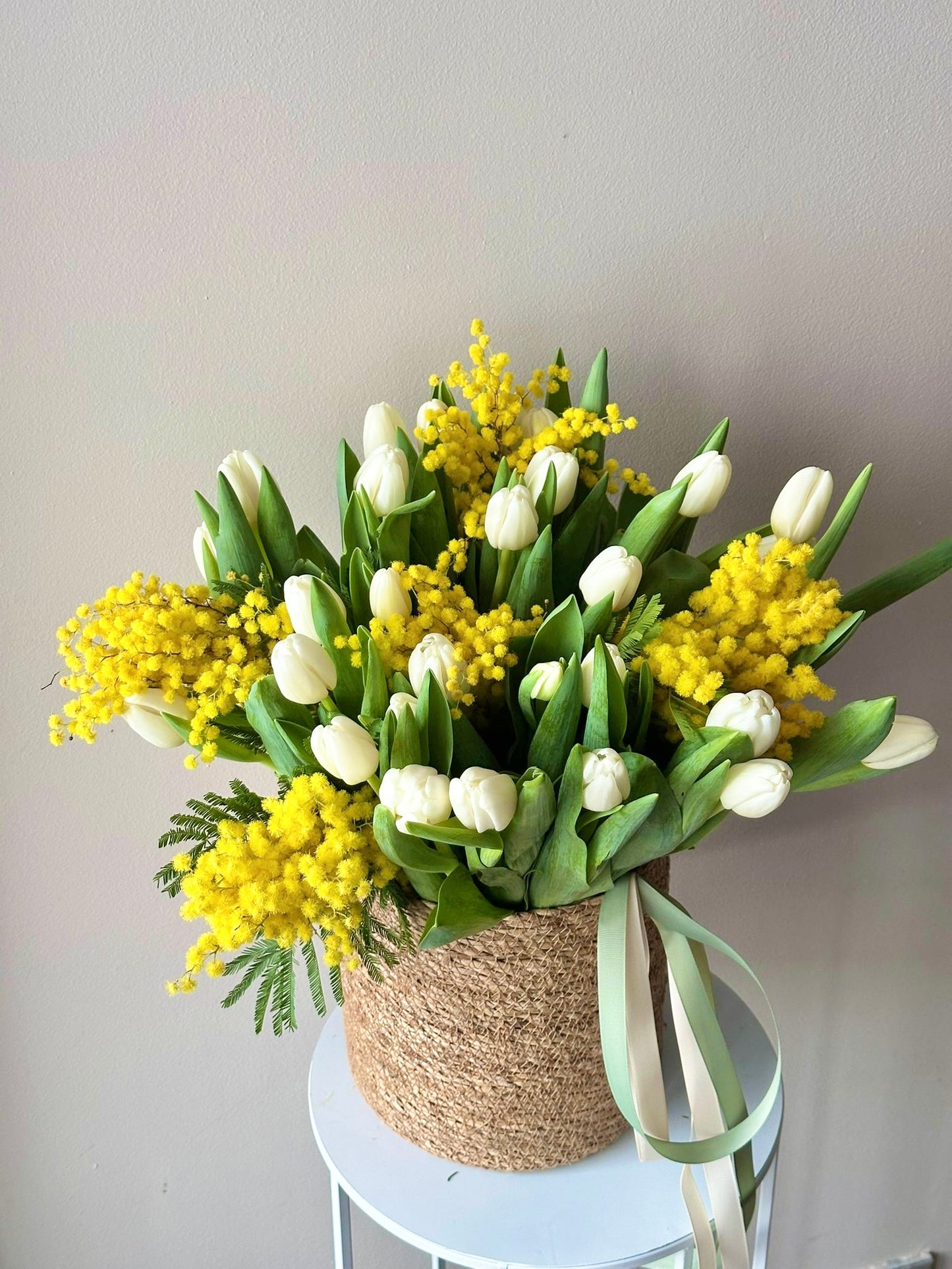 Flower Basket with white Tulips with Mimosas.