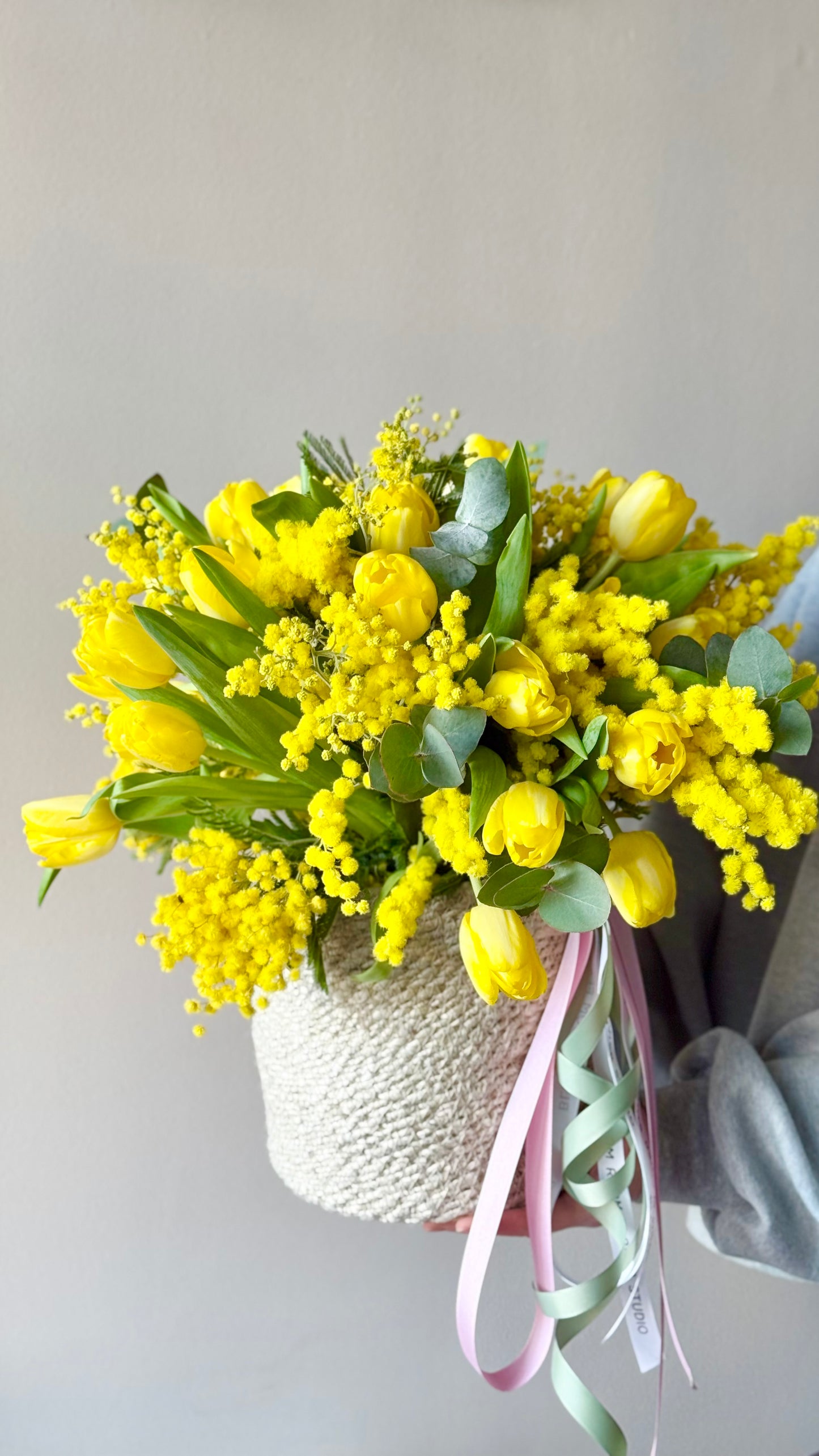 Flower Basket with yellow tulips and mimosas