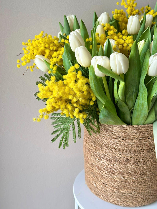 Flower Basket with white Tulips with Mimosas. – BloomRoom.ee, fresh flowers in Tallinn