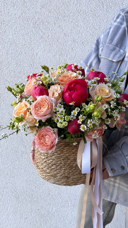 Flower Basket with peonies, roses and Camomiles