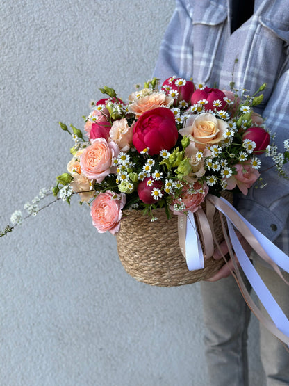 Flower Basket with peonies, roses and Camomiles