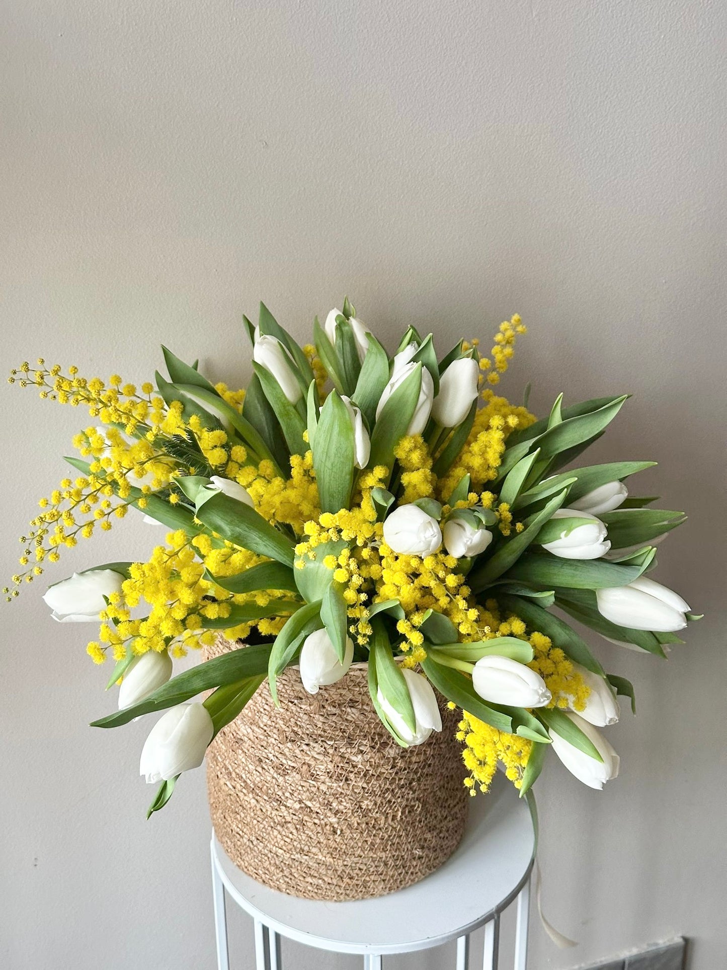 Flower Basket with white Tulips with Mimosas.