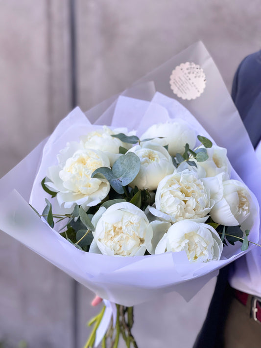 White peonies with eucaliptus