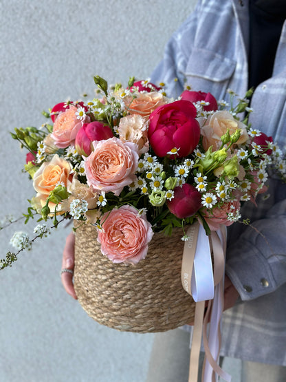 Flower Basket with peonies, roses and Camomiles