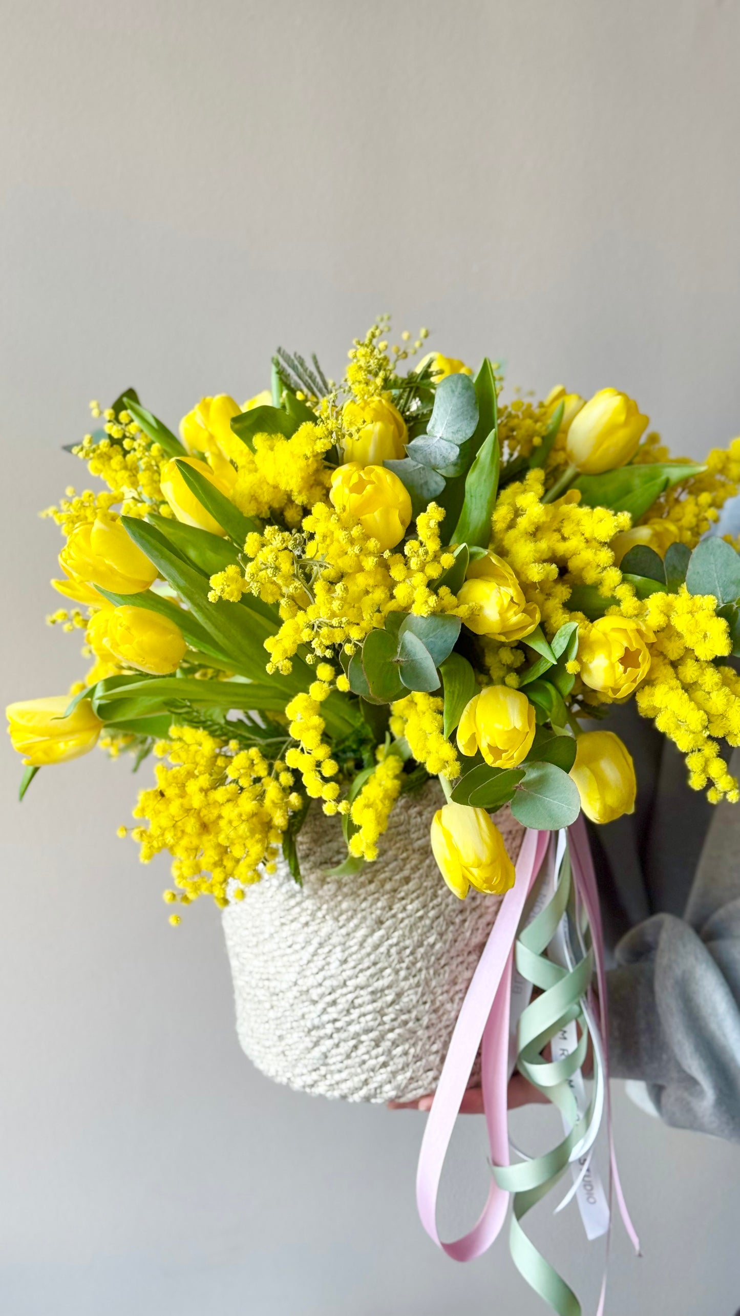 Flower Basket with yellow tulips and mimosas