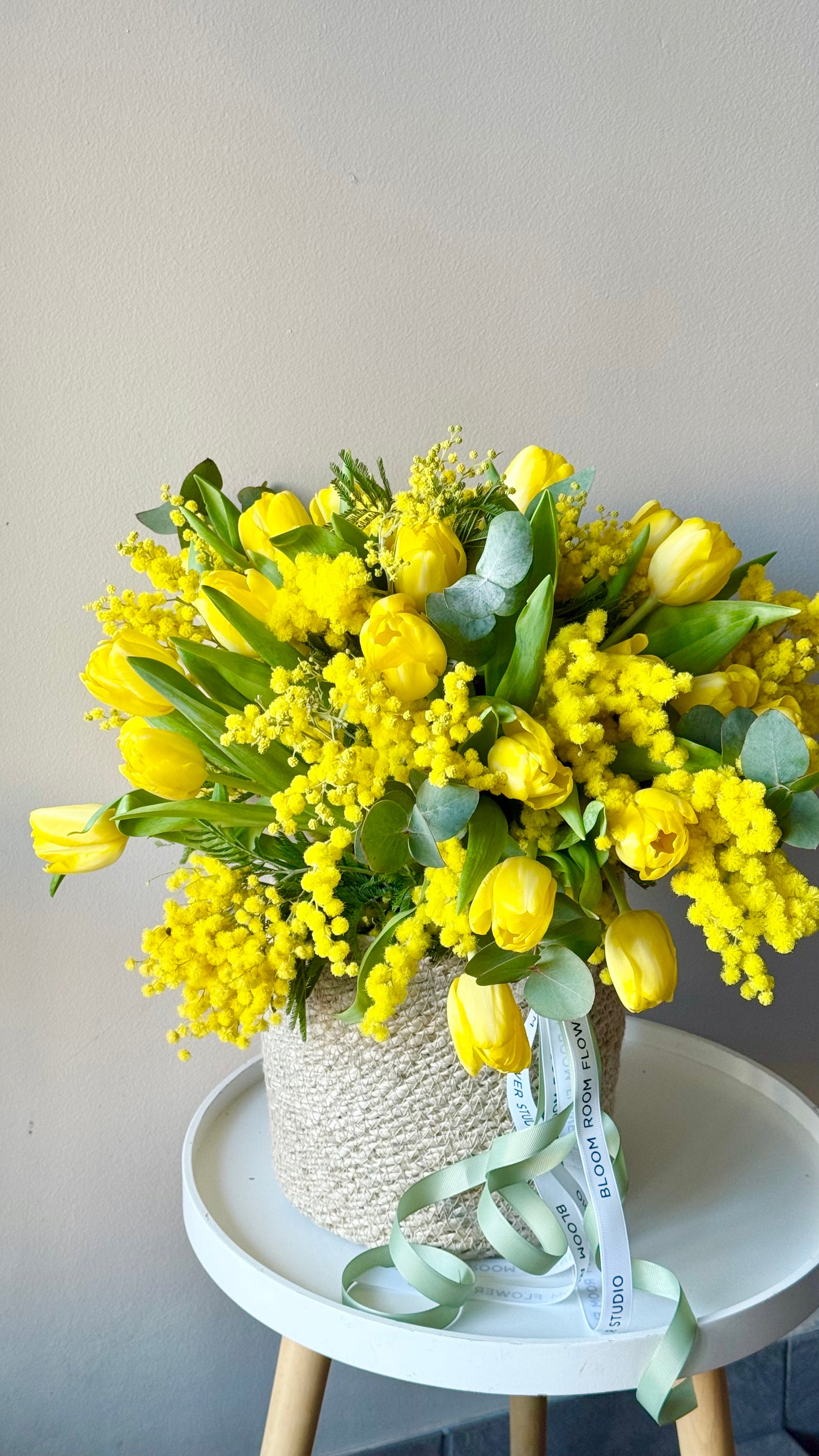 Flower Basket with yellow tulips and mimosas