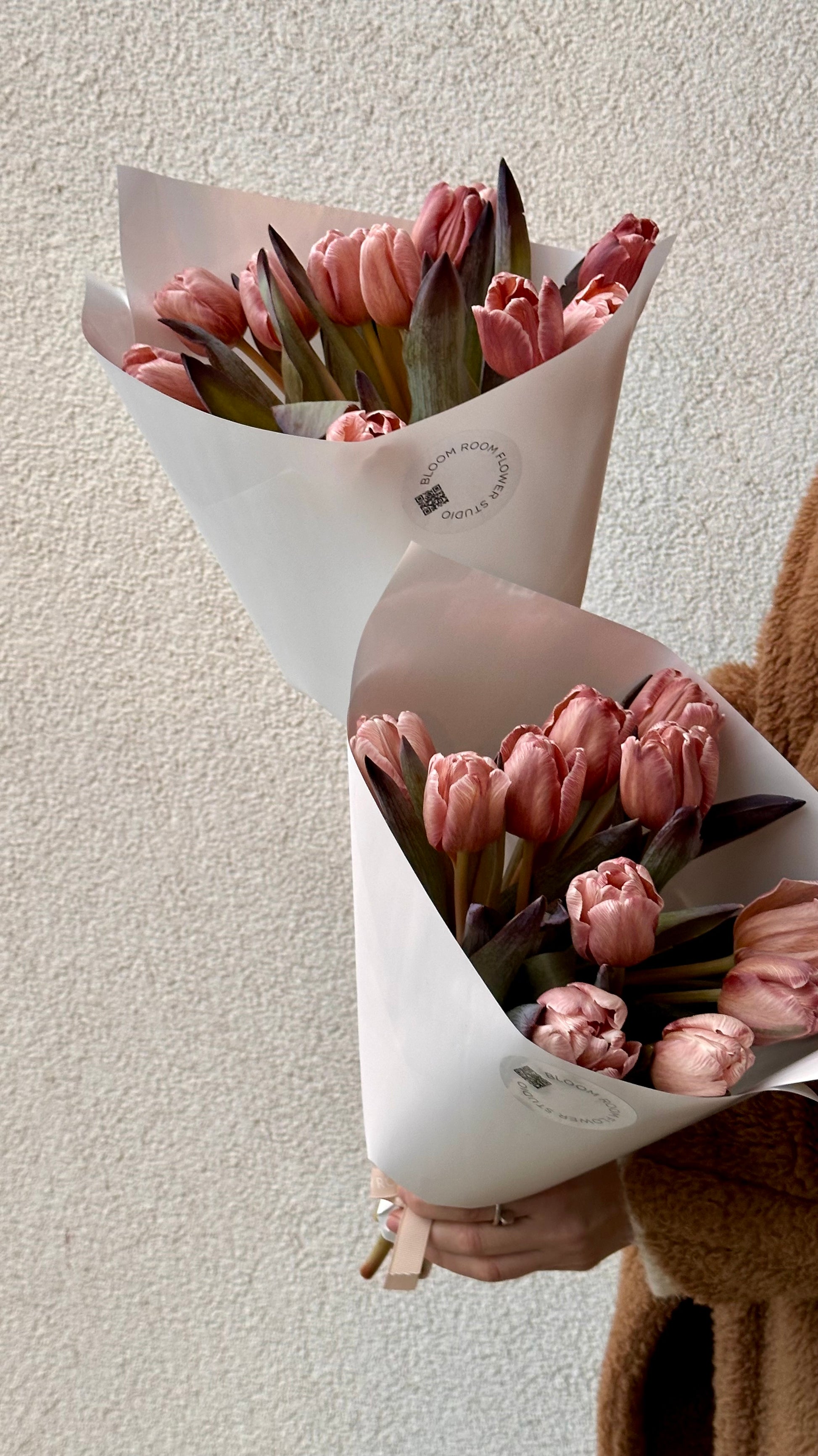 13 "Brownie" tulpi | 13 "Brownie" тюльпаны | 13 "Brownie" Tulips in elegant bouquets held by a person.