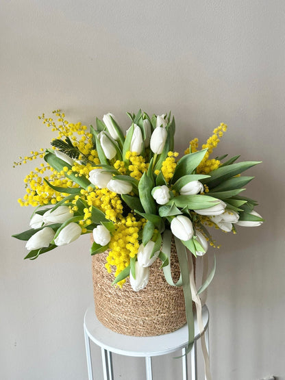 Flower Basket with white Tulips with Mimosas.
