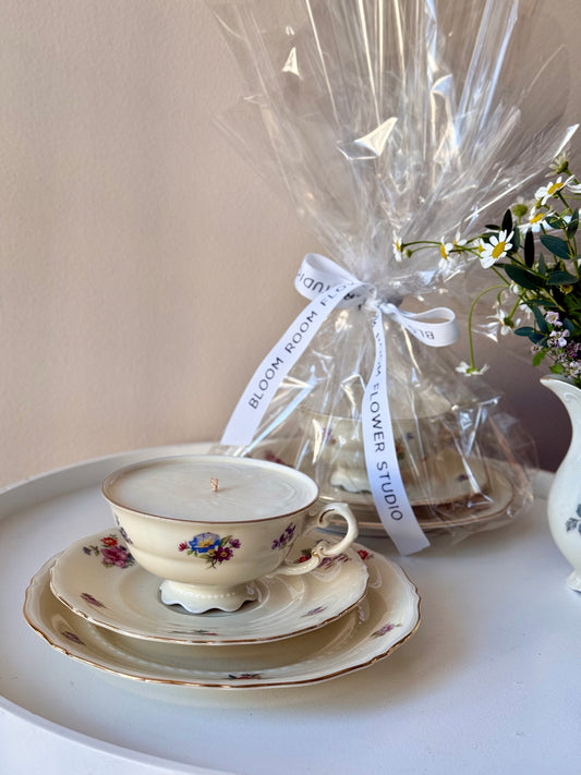 Antique Czech teacup with matching saucers, natural soy wax candle and floral arrangement gift set.