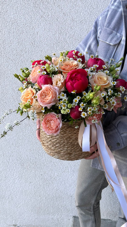 Flower Basket with peonies, roses and Camomiles