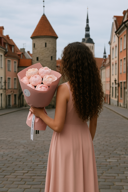 7 Pooniat "Nancy Nora" hele roosa paberkimbuga | 7 пионов "Нэнси Нора" в светлой розовой упаковке | 7 Peonies "Nancy Nora" wrapped in light pink paper – BloomRoom.ee, свежие цветы в Таллине