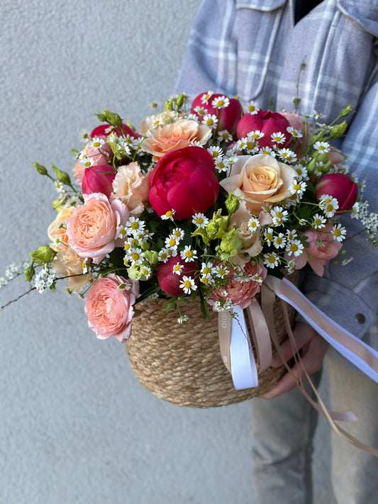 Flower Basket with peonies, roses and Camomiles