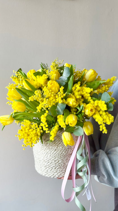 Flower Basket with yellow tulips and mimosas
