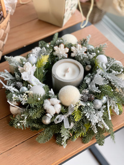 Jõulukaunistuste pärg, valge küünlaga, looduse elementidega | Рождественский венок с белой свечой, природные элементы | Christmas wreath with white candle, natural elements