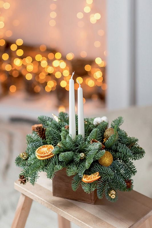 table, christmas tree, candle, plant